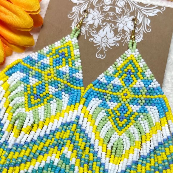 Hand Beaded Long Fringe Earrings Huge Southwest Tribal Ethnic Native Indian NWT - Picture 3 of 6